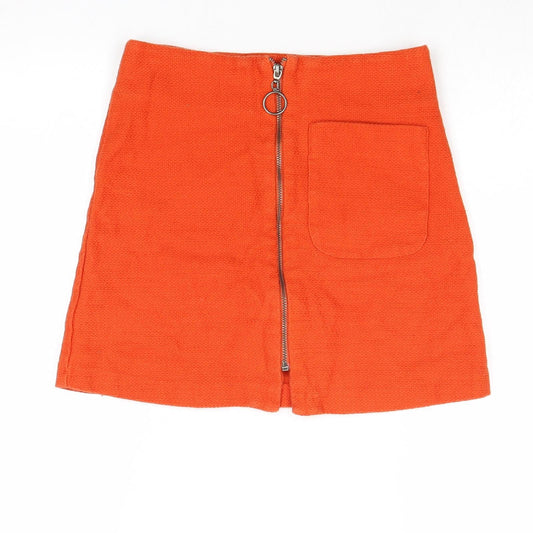 Topshop Womens Orange Cotton A-Line Skirt Size 8 Zip