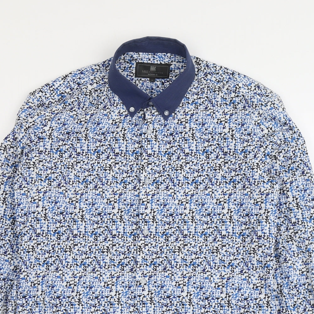 Marks and Spencer Mens Blue Geometric Cotton Button-Up Size S Collared Button