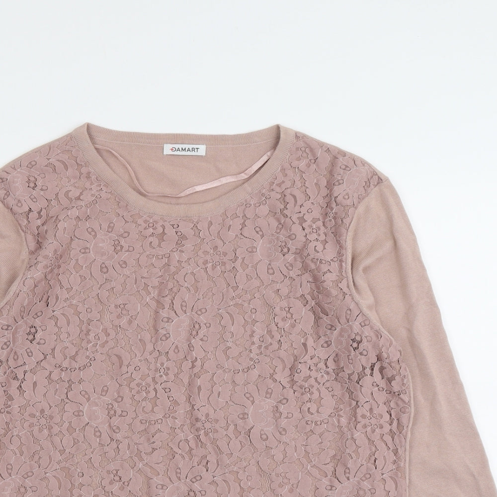 Damart Womens Pink Round Neck Floral Cotton Pullover Jumper Size 14 - Lace Overlay