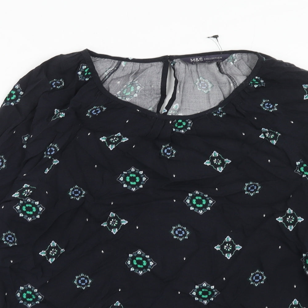 Marks and Spencer Womens Blue Geometric Viscose Basic Blouse Size 6 Round Neck