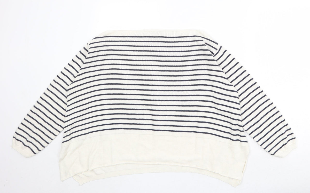 Additional front view of Ella Moda women’s beige boat neck striped 100% cotton jumper, size S