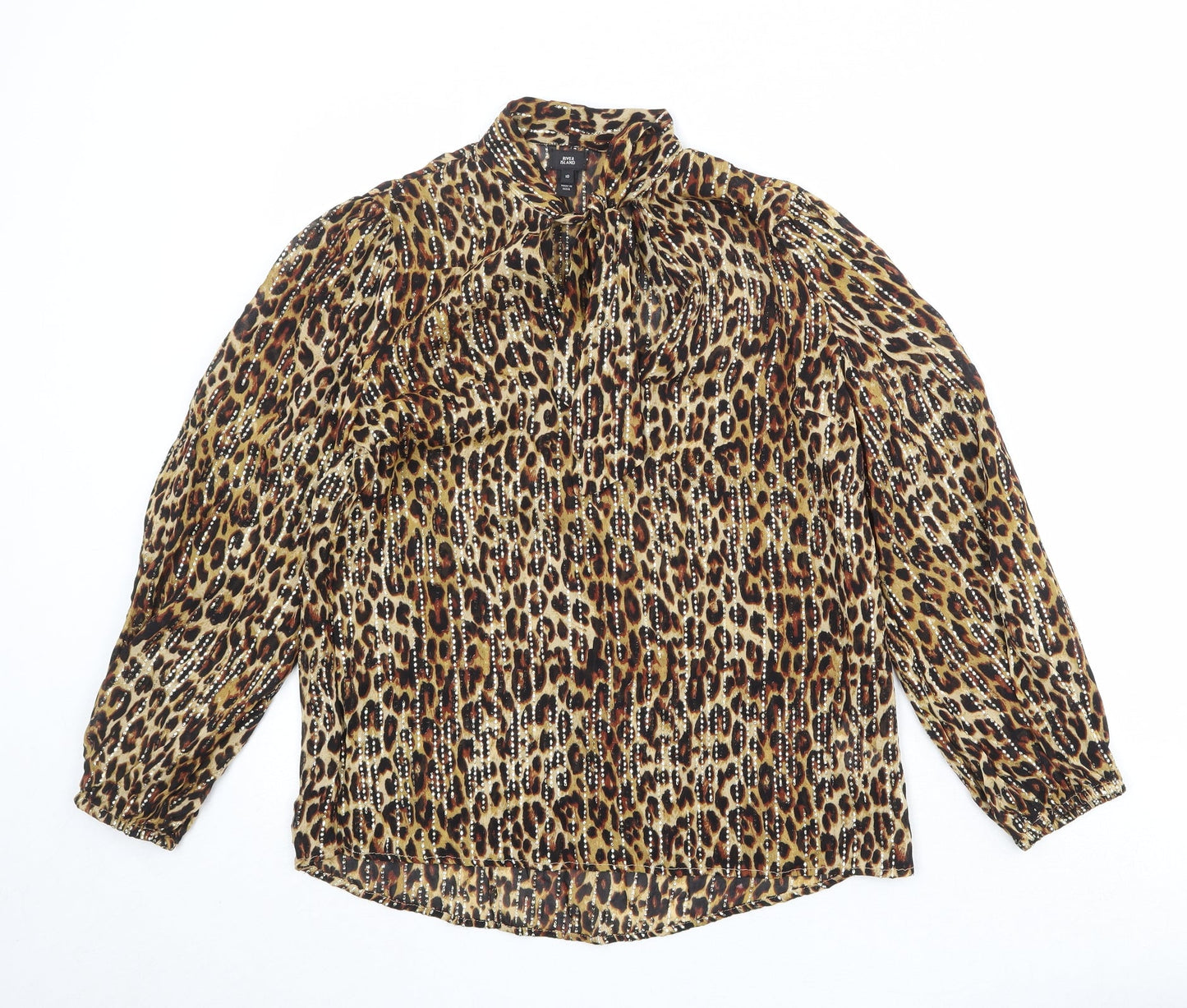 River Island Womens Brown Animal Print Viscose Basic Blouse Size 10 Round Neck - Leopard Pattern