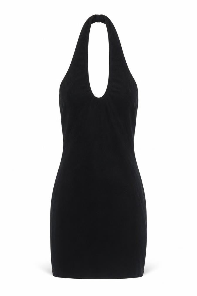 Front view of AsYou women’s black polyester bodycon, size UK 6, halter pullover