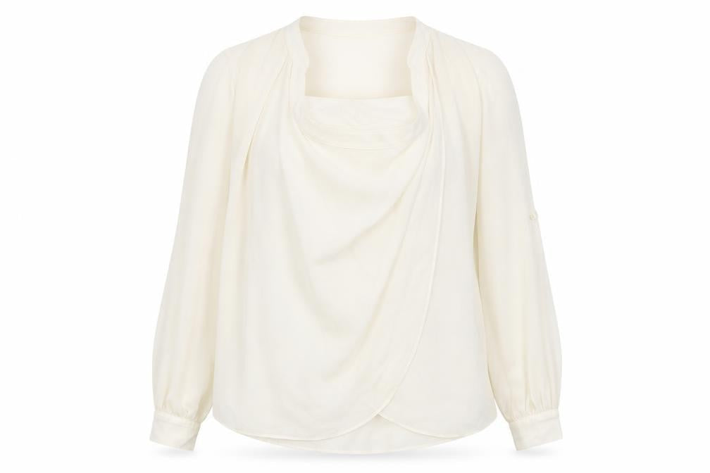 Front view of ASOS women’s ivory polyester basic blouse, size UK 6, round neck