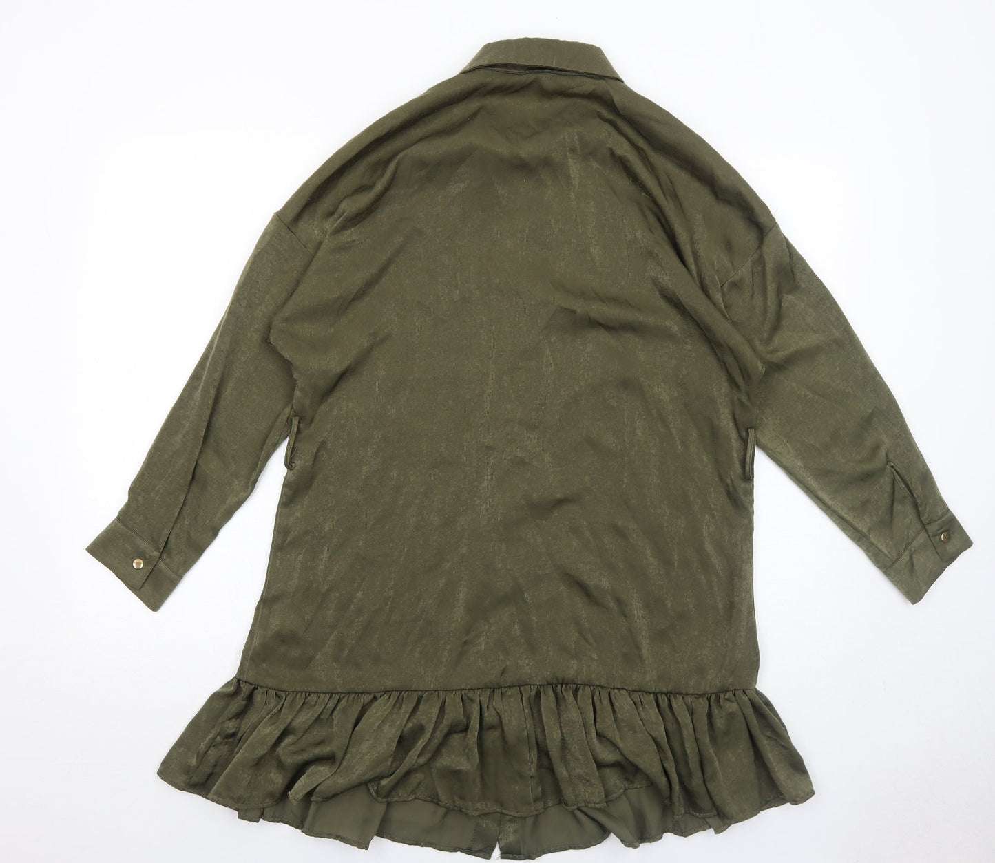 Zara Womens Green Polyester Shirt Dress Size S Collared Button