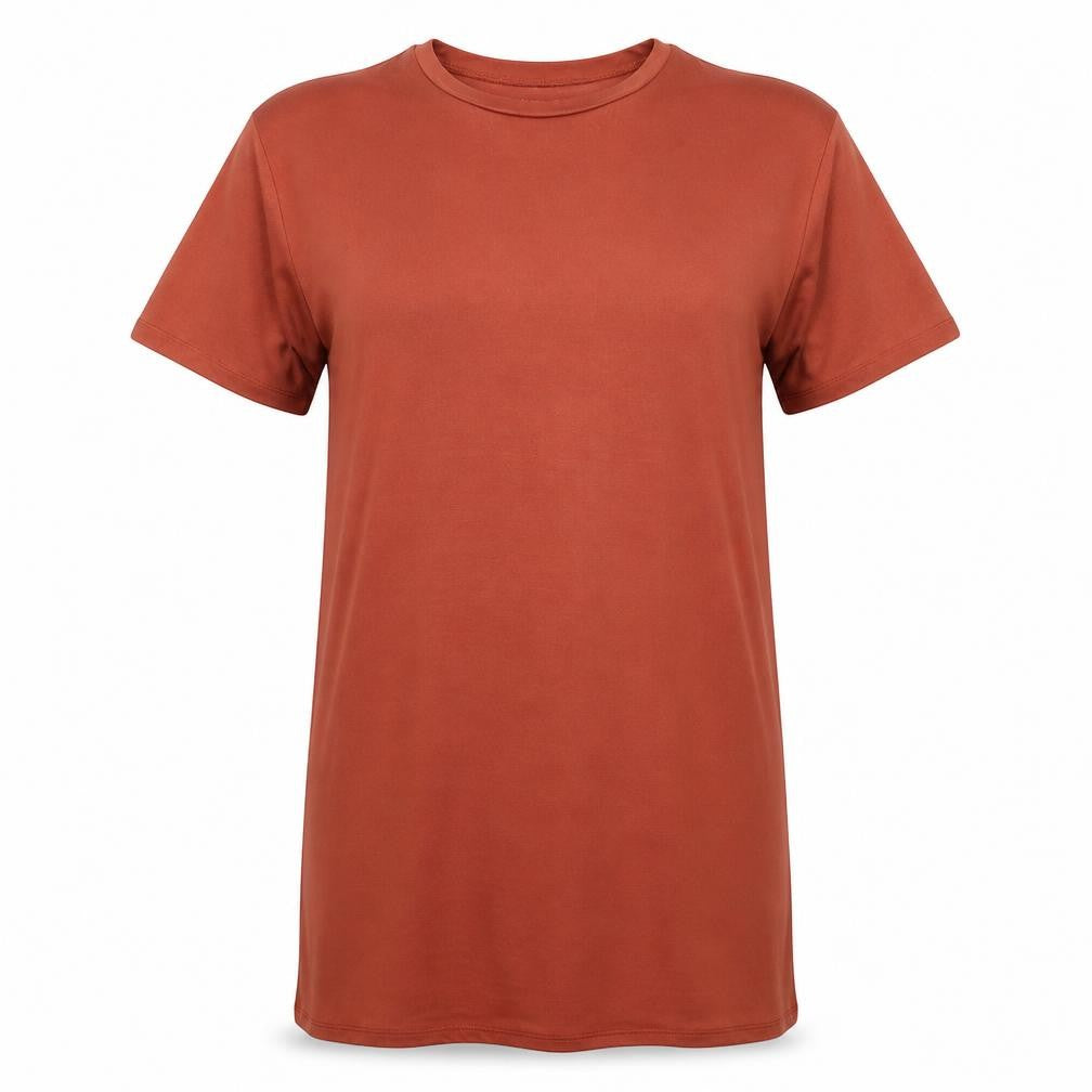 Front view of ASOS women’s brown polyester t-shirt dress, size UK 6, round neck pullover