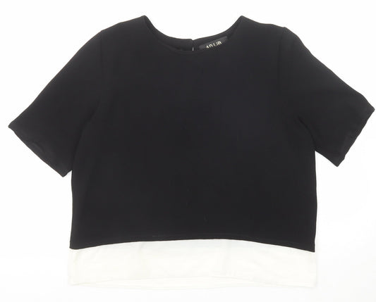Ad Lib Womens Black Polyester Basic T-Shirt Size 14 Round Neck