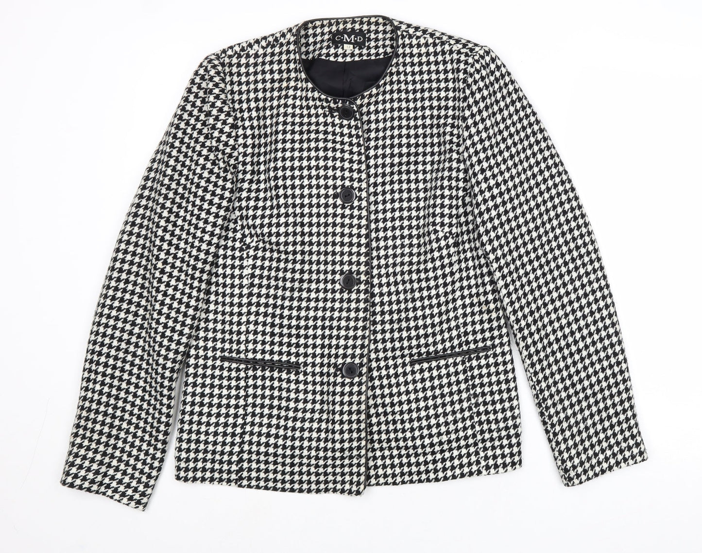 C.M.D Womens Black Geometric Jacket Blazer Size 12 Button