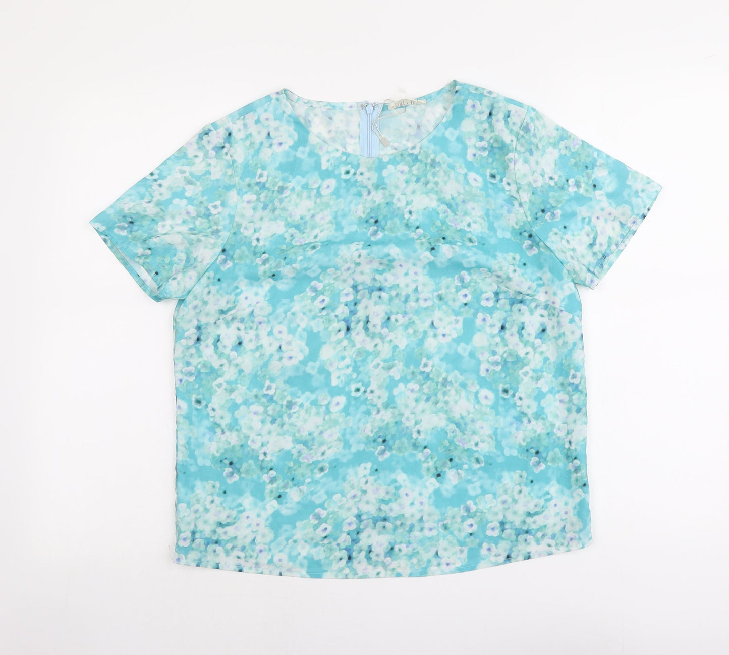 Poppy Lux Womens Blue Geometric Polyester Basic T-Shirt Size 12 Round Neck