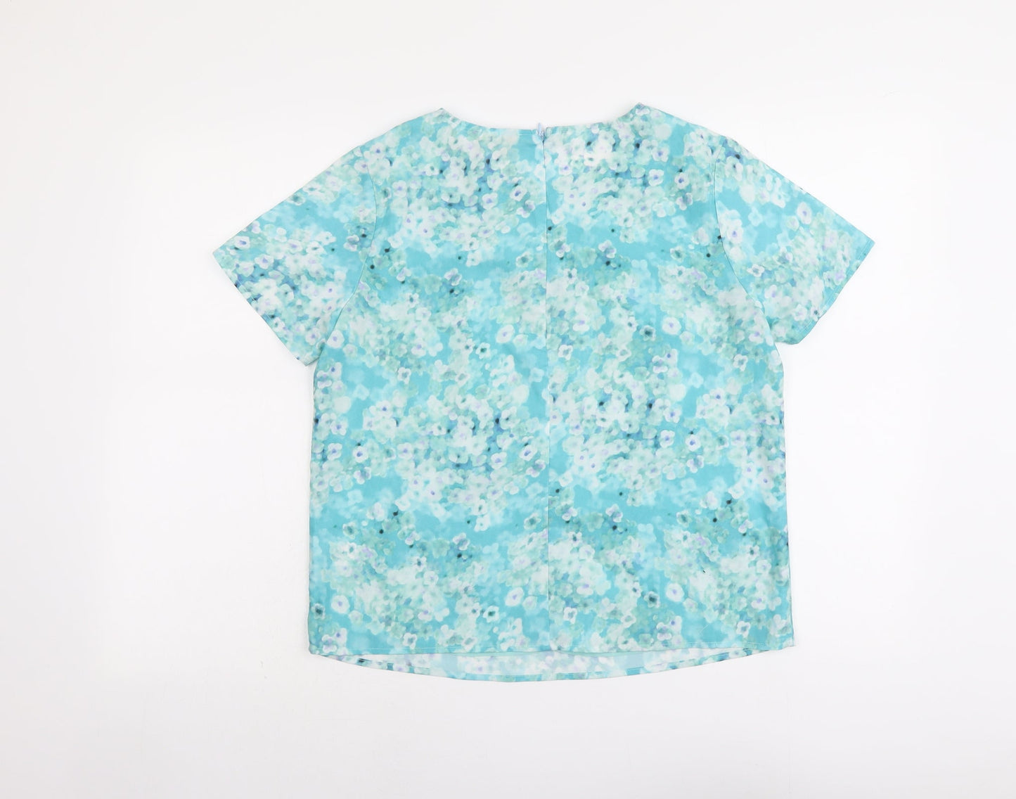 Poppy Lux Womens Blue Geometric Polyester Basic T-Shirt Size 12 Round Neck