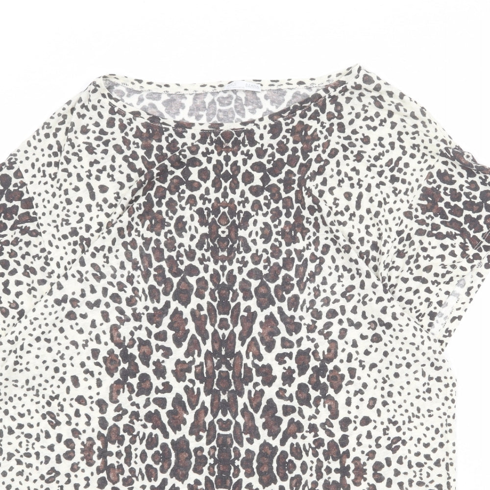 Zara Womens Beige Animal Print Polyester Basic T-Shirt Size M Round Neck - Leopard Pattern