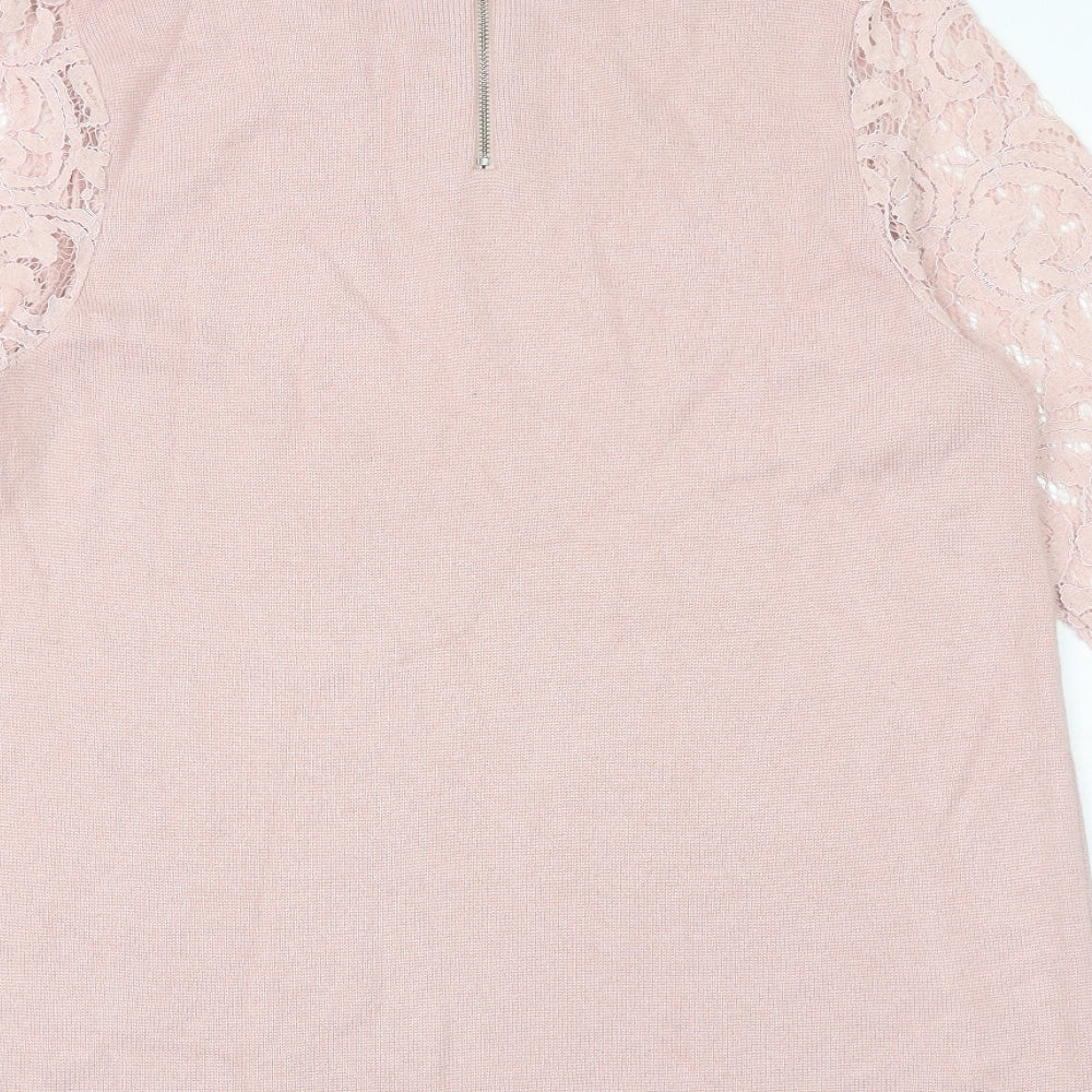 Marks and Spencer Womens Pink Round Neck Viscose Pullover Jumper Size 14 - Lace Sleeve