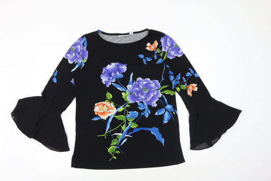 Susan Graver Womens Black Floral Polyester Basic Blouse Size S Round Neck