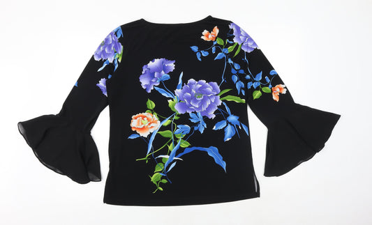 Susan Graver Womens Black Floral Polyester Basic Blouse Size S Round Neck