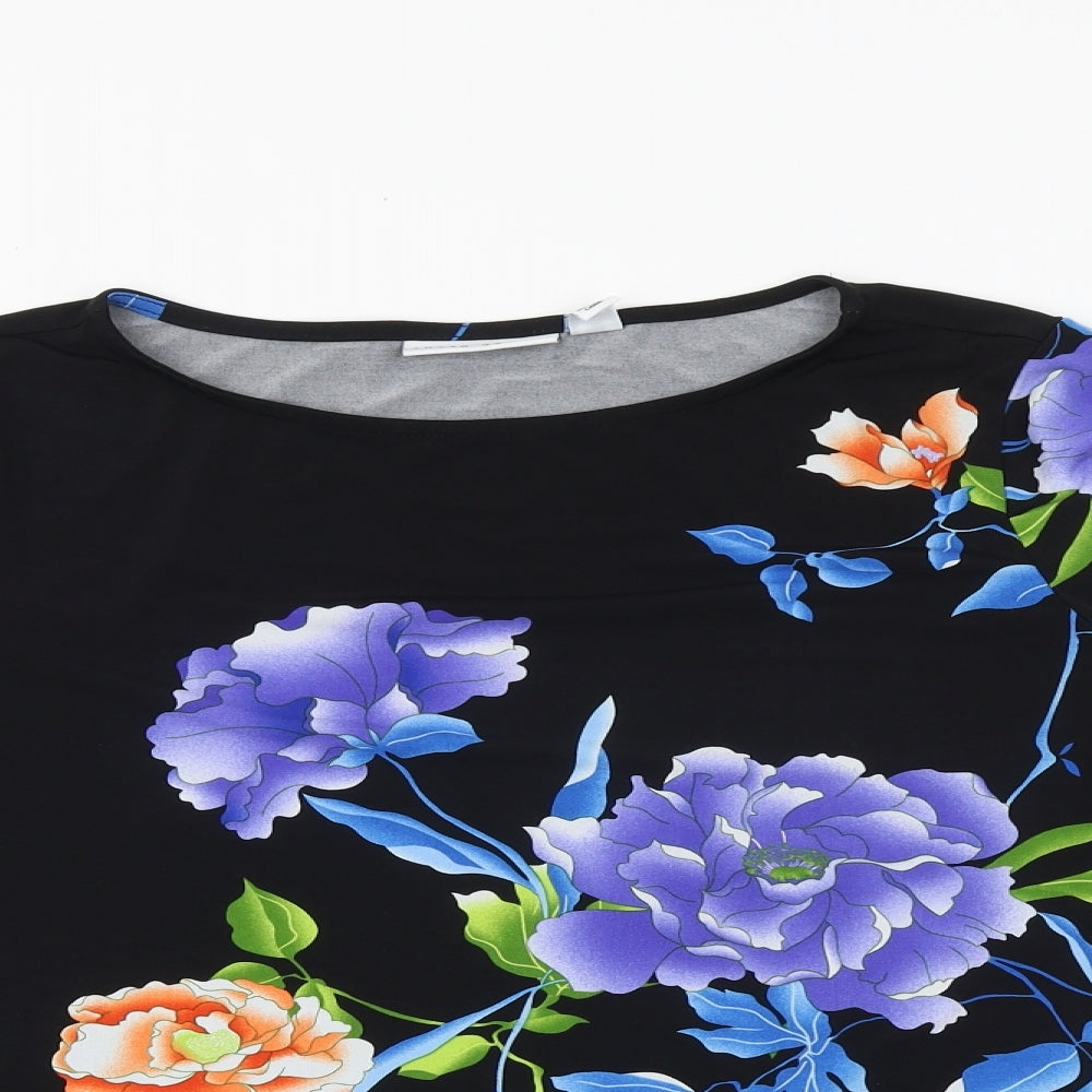 Susan Graver Womens Black Floral Polyester Basic Blouse Size S Round Neck