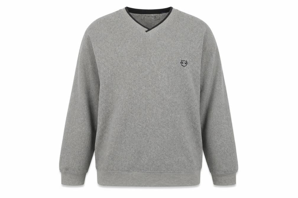 Front view of Maine New England men’s grey polyester pullover sweatshirt, size M