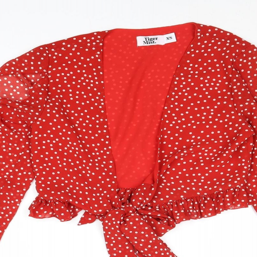 Tiger Mist Womens Red Polka Dot Polyester Basic Blouse Size XS V-Neck - Tie Front
