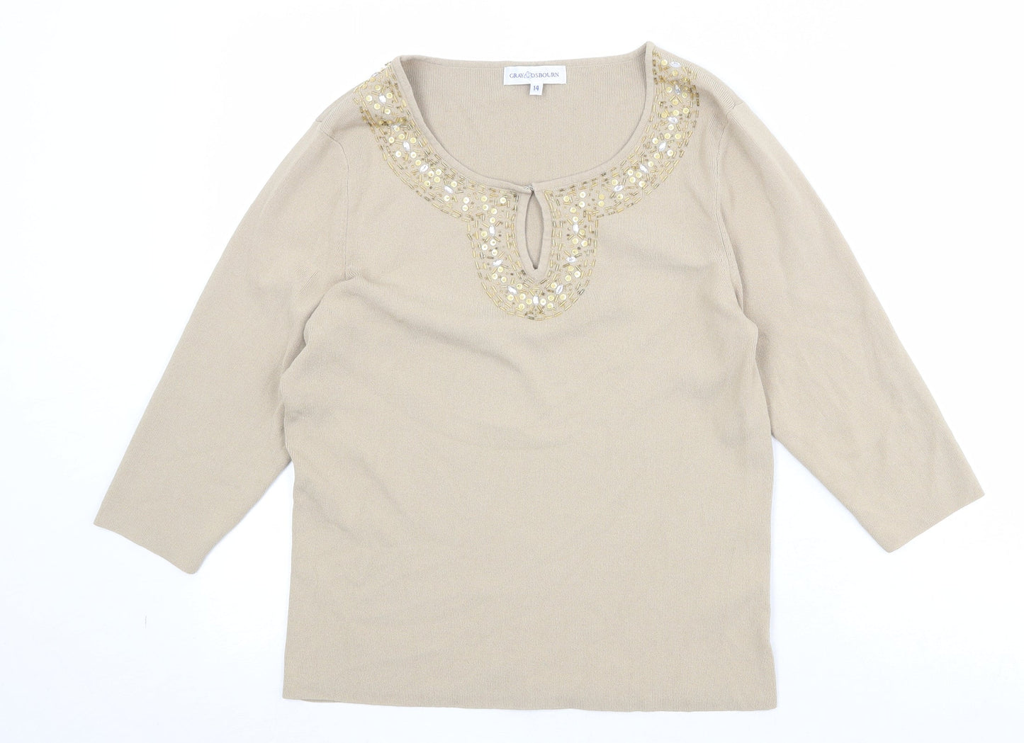 Gray & Osbourn Womens Beige Scoop Neck Viscose Pullover Jumper Size 14