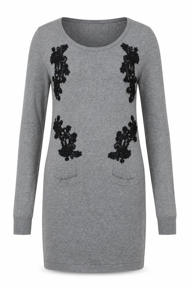 NEXT Womens Grey Cotton Jumper Dress Size 6 Boat Neck Pullover - Crocheted Lace Detail
