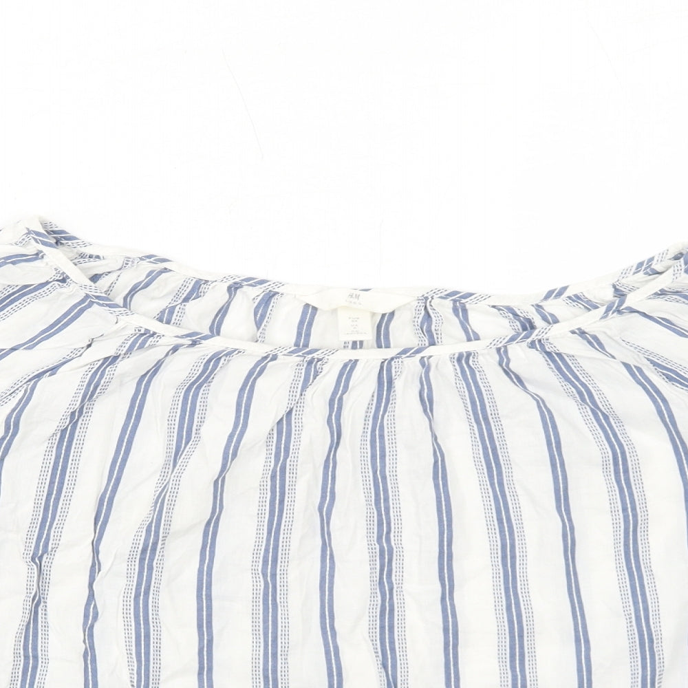 H&M Womens Blue Striped Cotton Basic Blouse Size 6 Round Neck