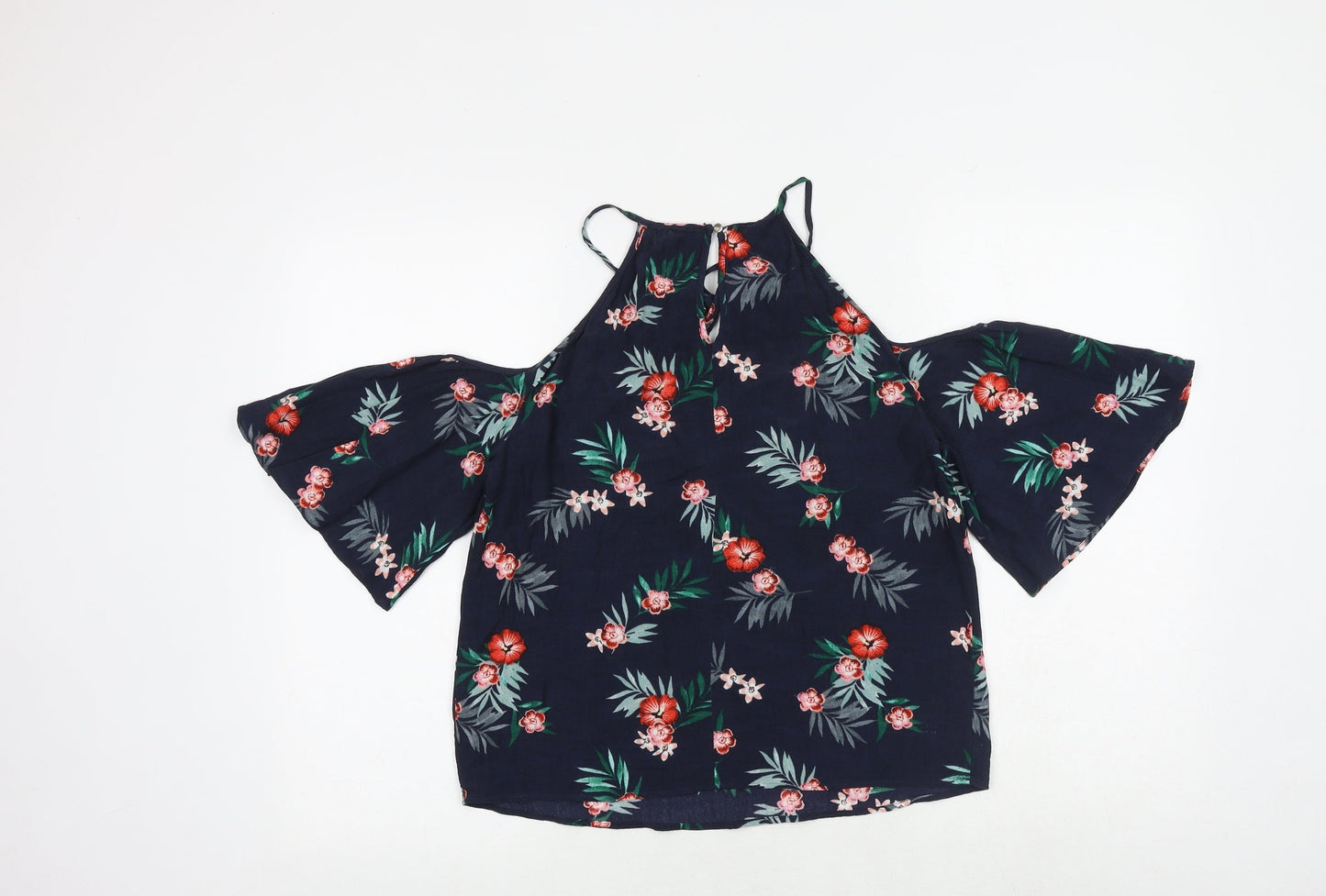 Marks and Spencer Womens Blue Floral Viscose Basic Blouse Size 8 Round Neck - Cold Shoulder