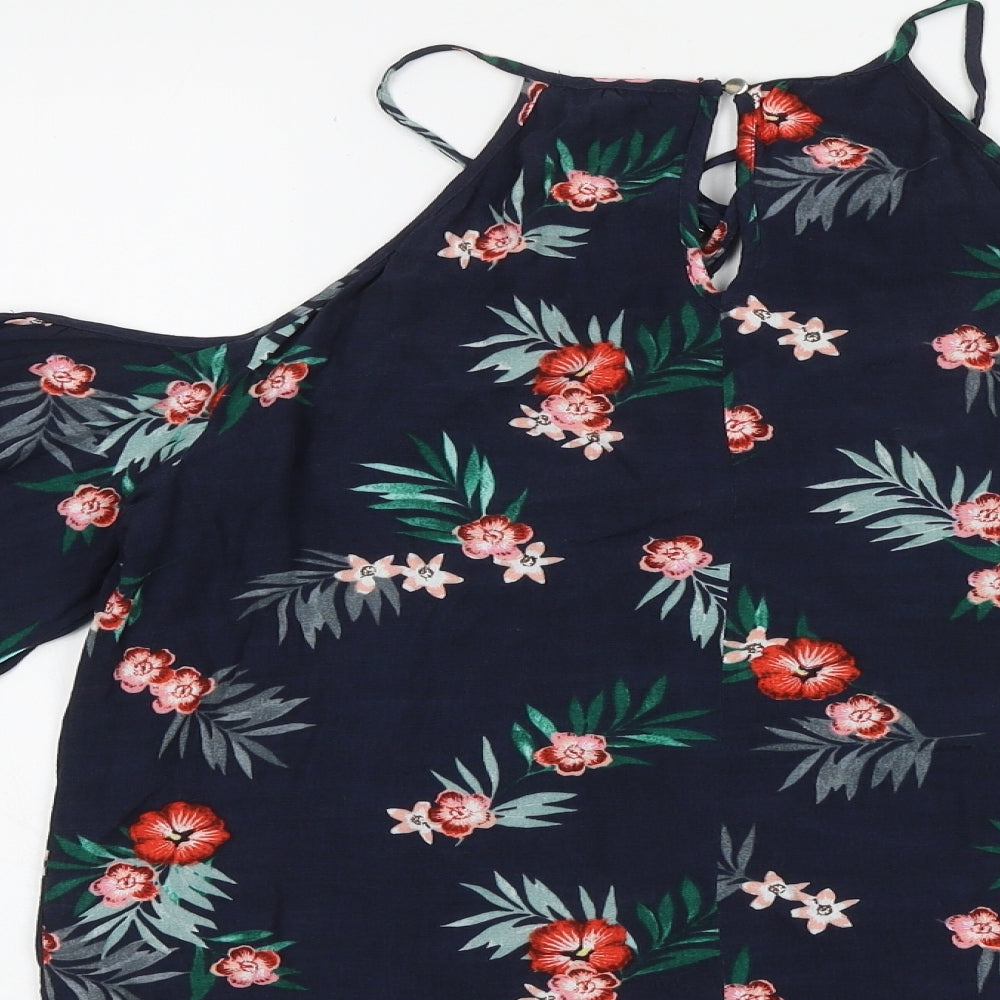 Marks and Spencer Womens Blue Floral Viscose Basic Blouse Size 8 Round Neck - Cold Shoulder