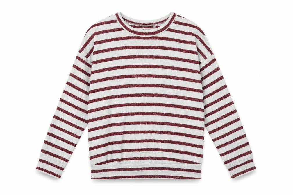Front view of Marks & Spencer girls’ grey striped viscose pullover t-shirt, size 9-10, years boat neck pullover