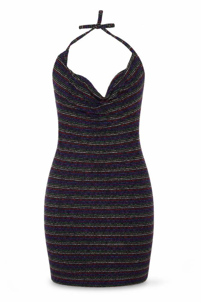 PRETTYLITTLETHING Womens Black Striped Polyacrylate Fibre Bodycon Size 10 Halter Tie
