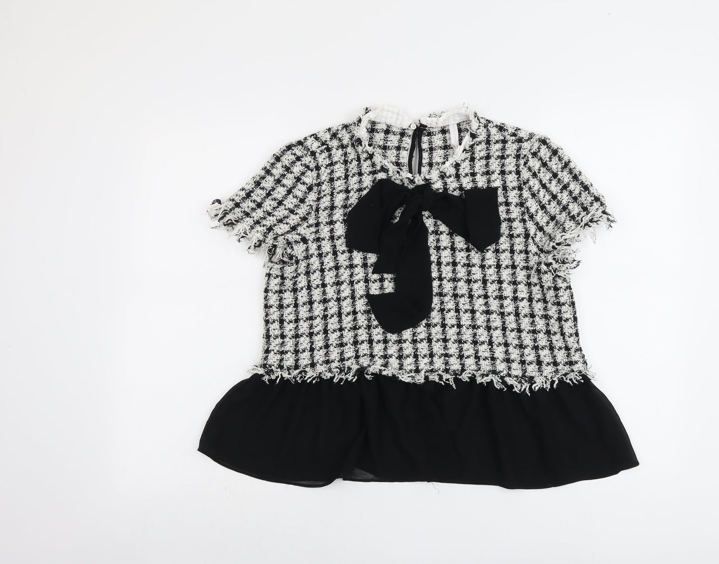 Zara Womens Black Check Polyester Basic T-Shirt Size L Round Neck