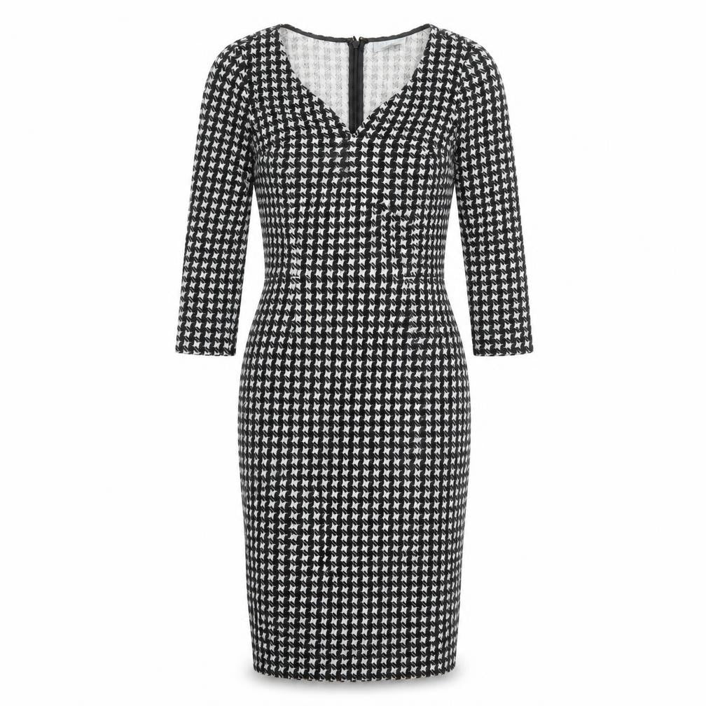 Front view of PURE Collection women’s black geometric polyester pencil dress, size UK 8, v-neck pullover