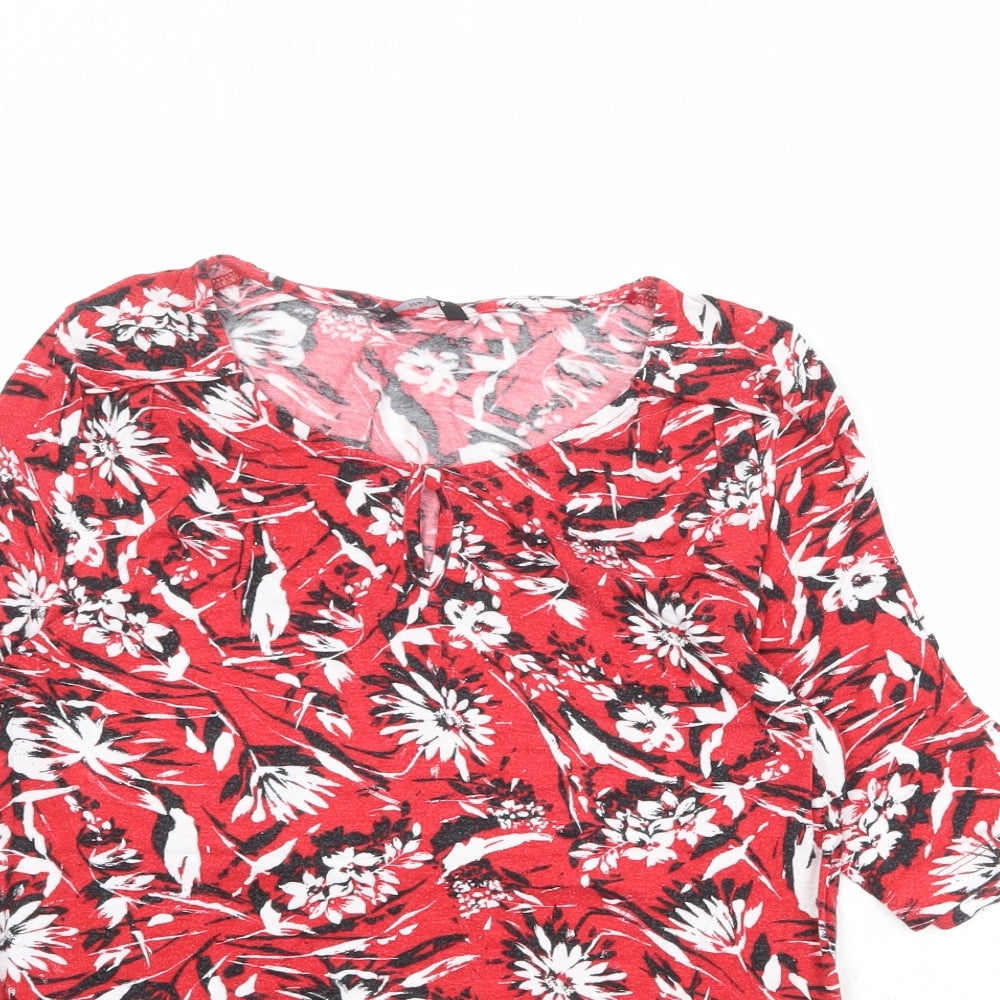 M&Co Womens Red Floral Viscose Basic T-Shirt Size 10 Round Neck