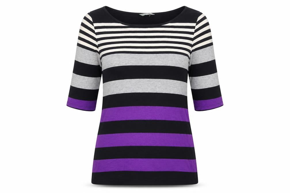 Marks and Spencer Womens Multicoloured Striped Viscose Basic T-Shirt Size 8 Boat Neck