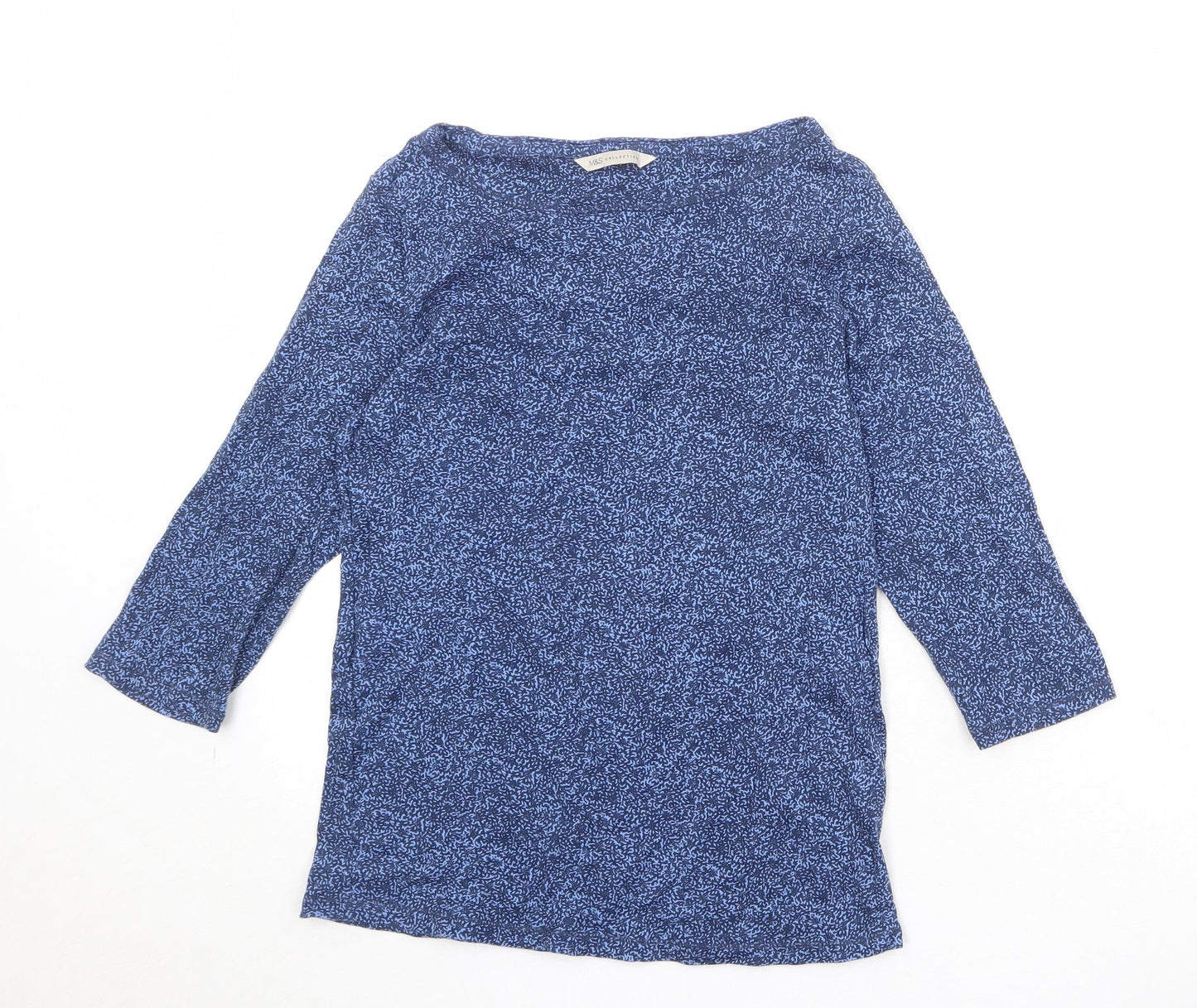 Marks and Spencer Womens Blue Geometric 100% Cotton Basic Blouse Size 12 Round Neck