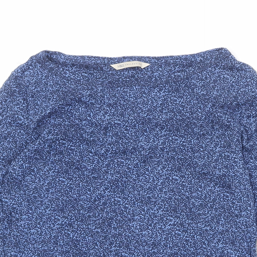 Marks and Spencer Womens Blue Geometric 100% Cotton Basic Blouse Size 12 Round Neck