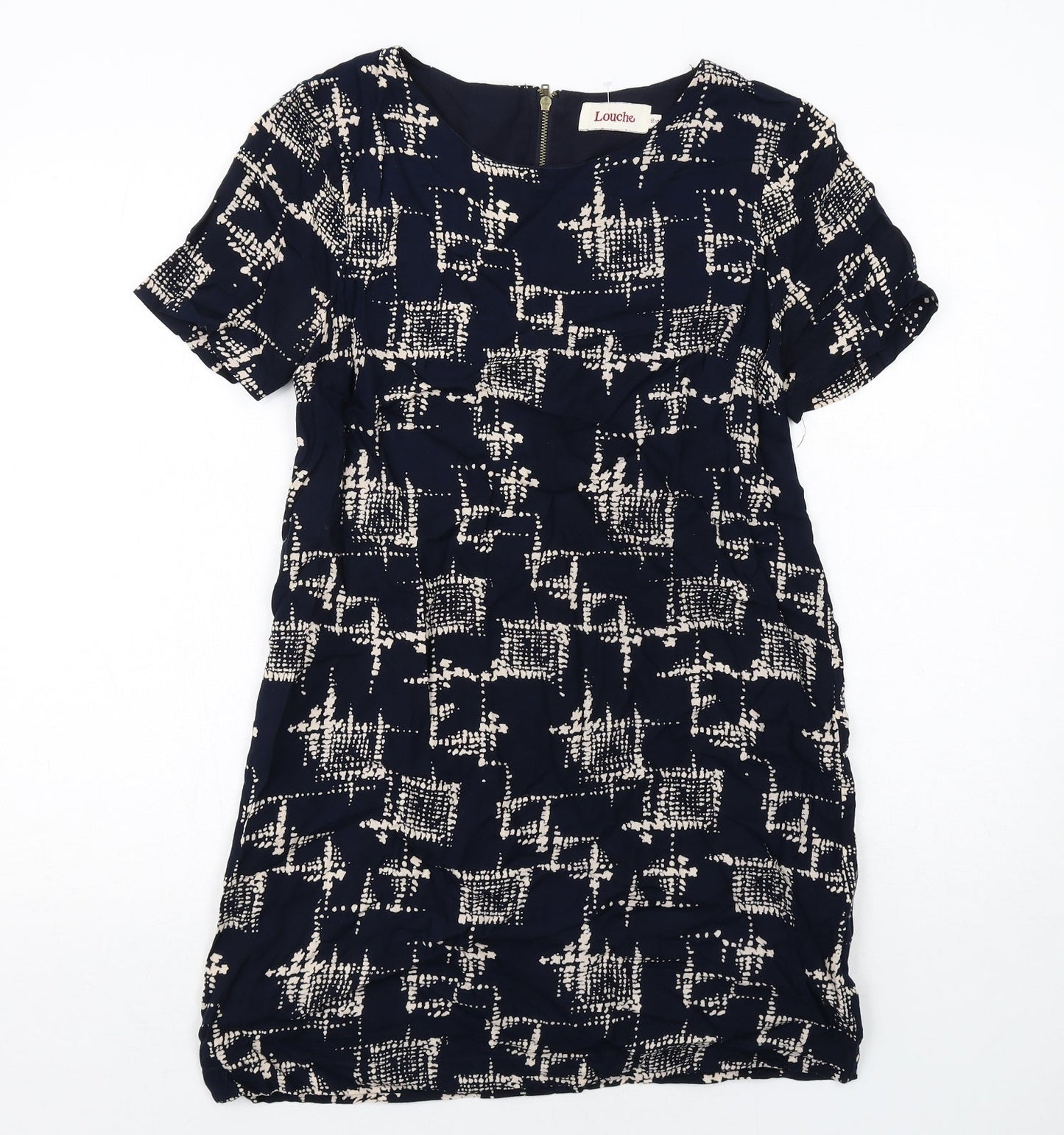 Louche Womens Blue Geometric Viscose Shift Size 10 Boat Neck Zip