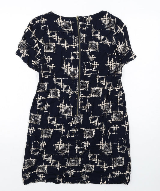 Louche Womens Blue Geometric Viscose Shift Size 10 Boat Neck Zip