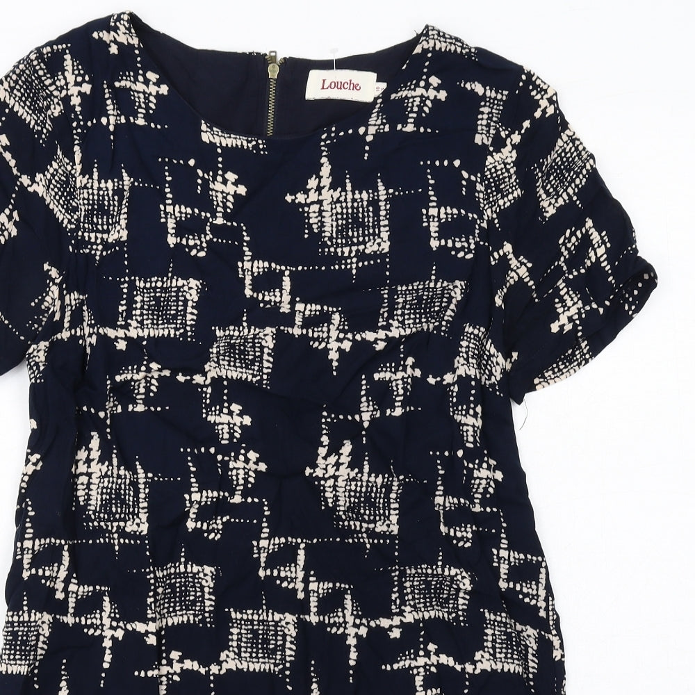 Louche Womens Blue Geometric Viscose Shift Size 10 Boat Neck Zip