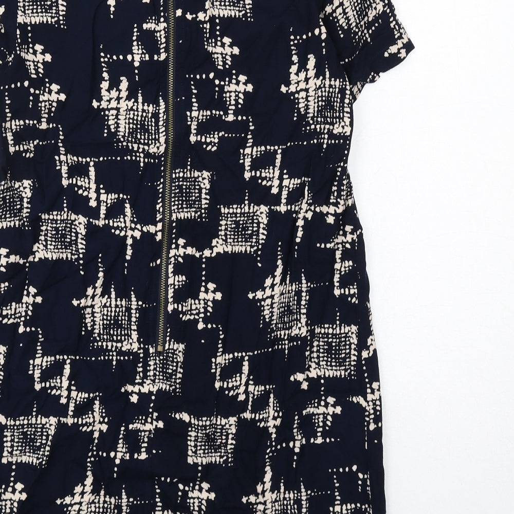 Louche Womens Blue Geometric Viscose Shift Size 10 Boat Neck Zip
