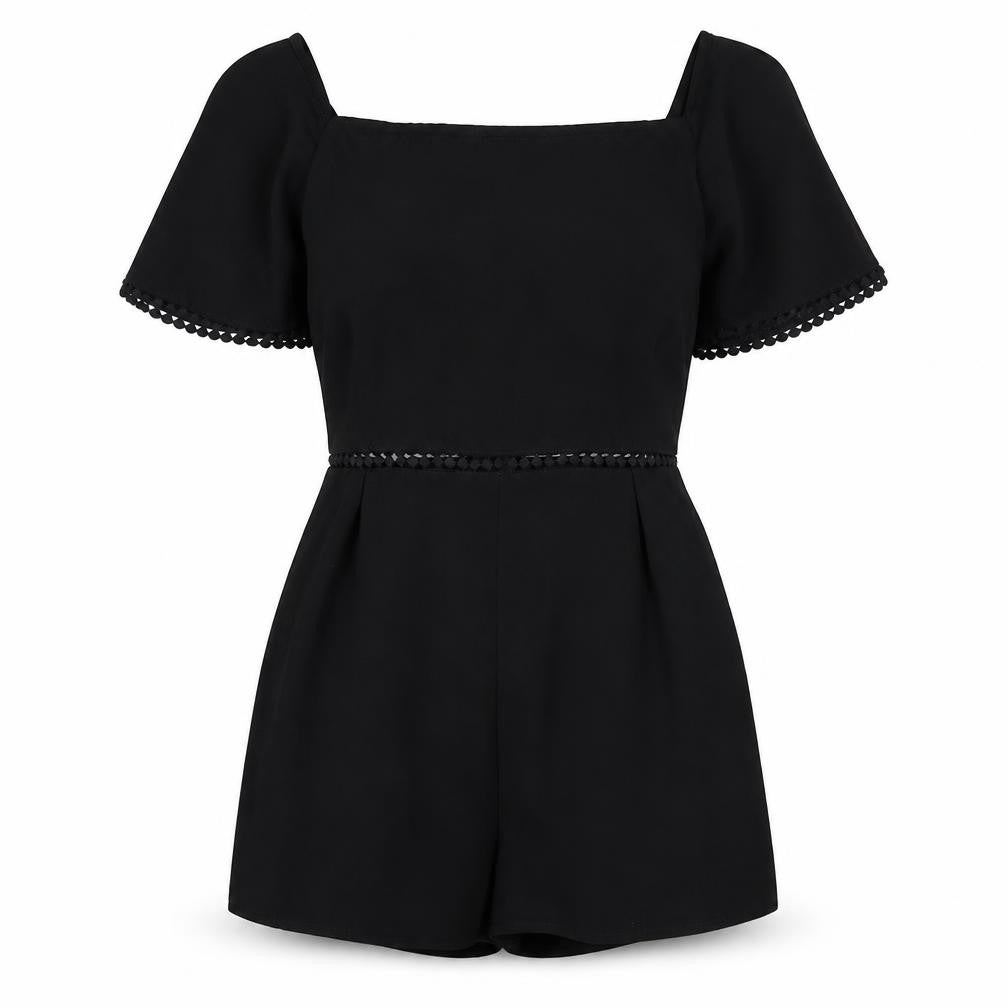 Front view of In the Style women’s black polyester playsuit one-piece, size UK 6, zip