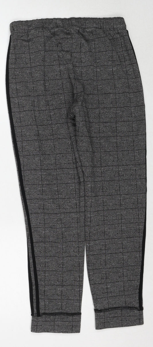 Marks and Spencer Womens Grey Plaid Polyester Trousers Size 8 Regular Drawstring - Side Stripe Detail