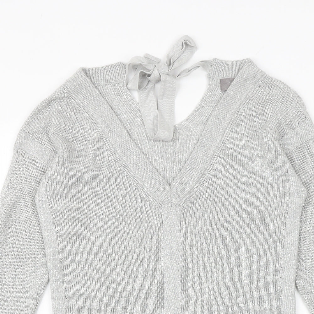 NEXT Womens Silver V-Neck Nylon Pullover Jumper Size 8