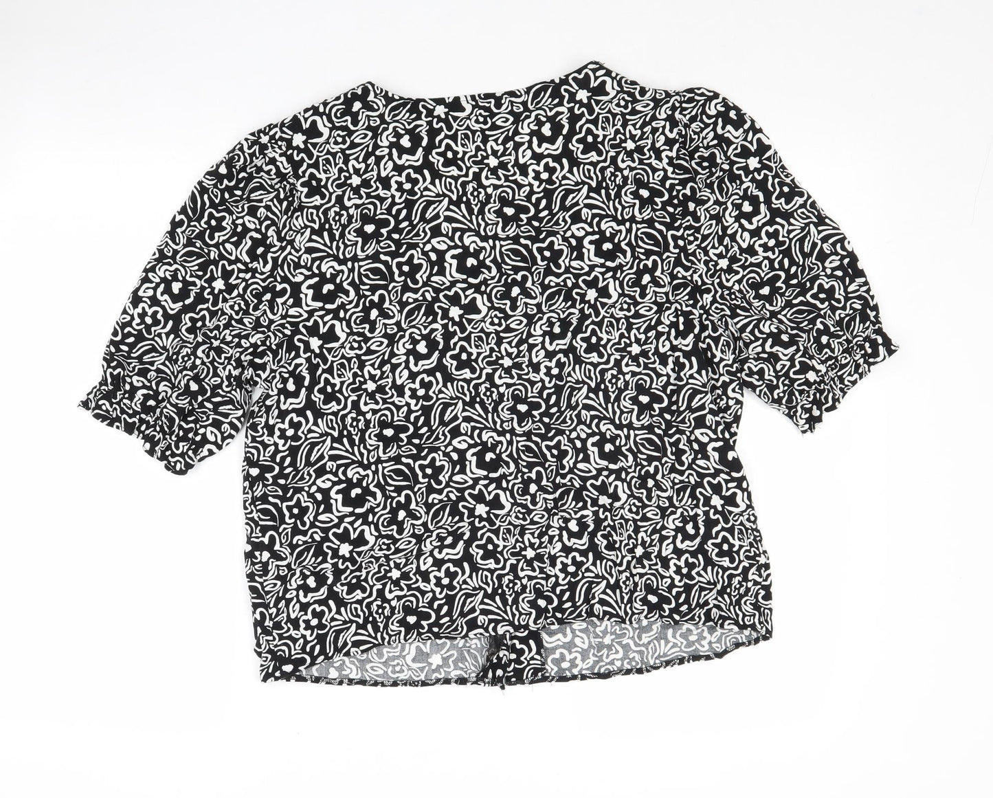 New Look Womens Black Floral Viscose Basic Button-Up Size 14 V-Neck