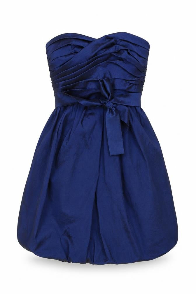 Front view of Vera Mont women’s blue polyester mini, size UK 10, square neck zip - strapless