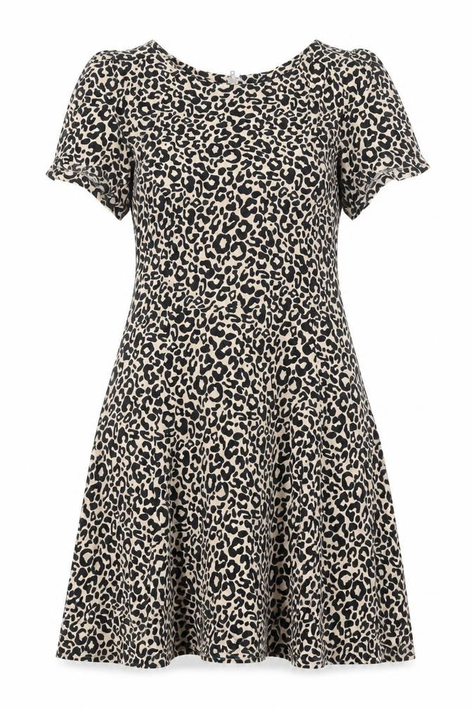 Oasis Womens Beige Animal Print Viscose Skater Dress Size 10 Round Neck Zip - Leopard Pattern