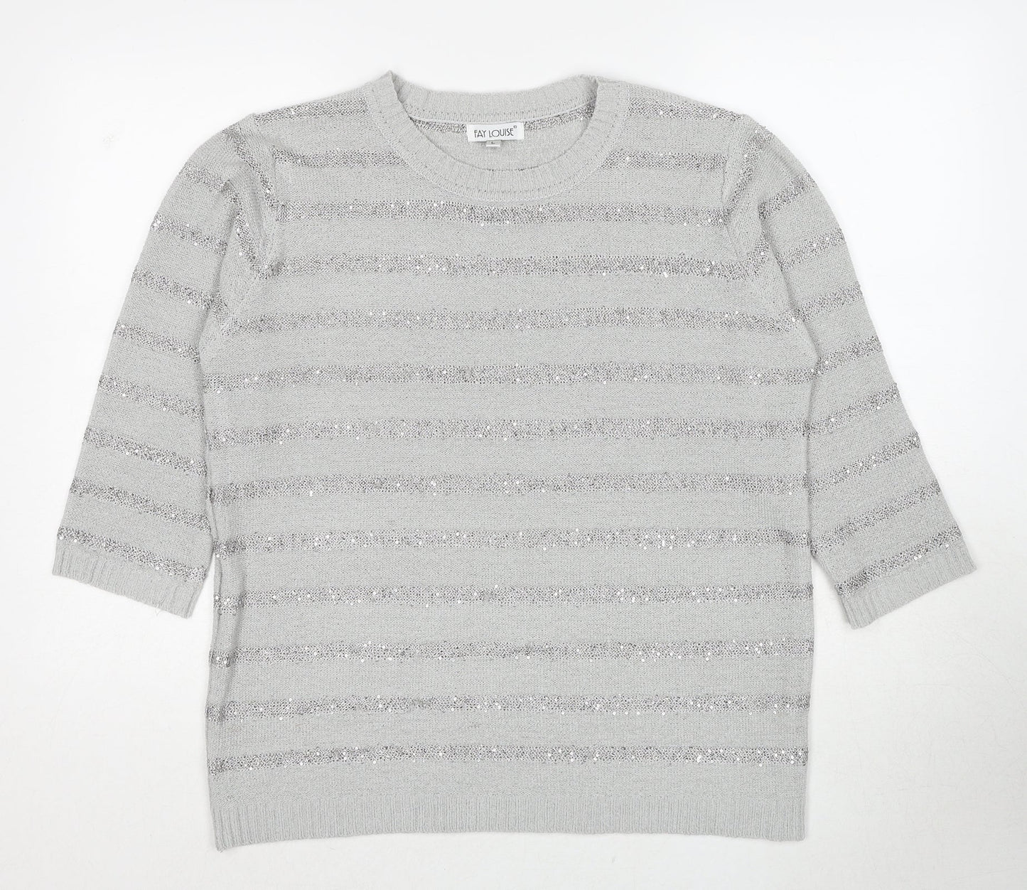 Fay Louise Womens Grey Round Neck Striped Acrylic Pullover Jumper Size L
