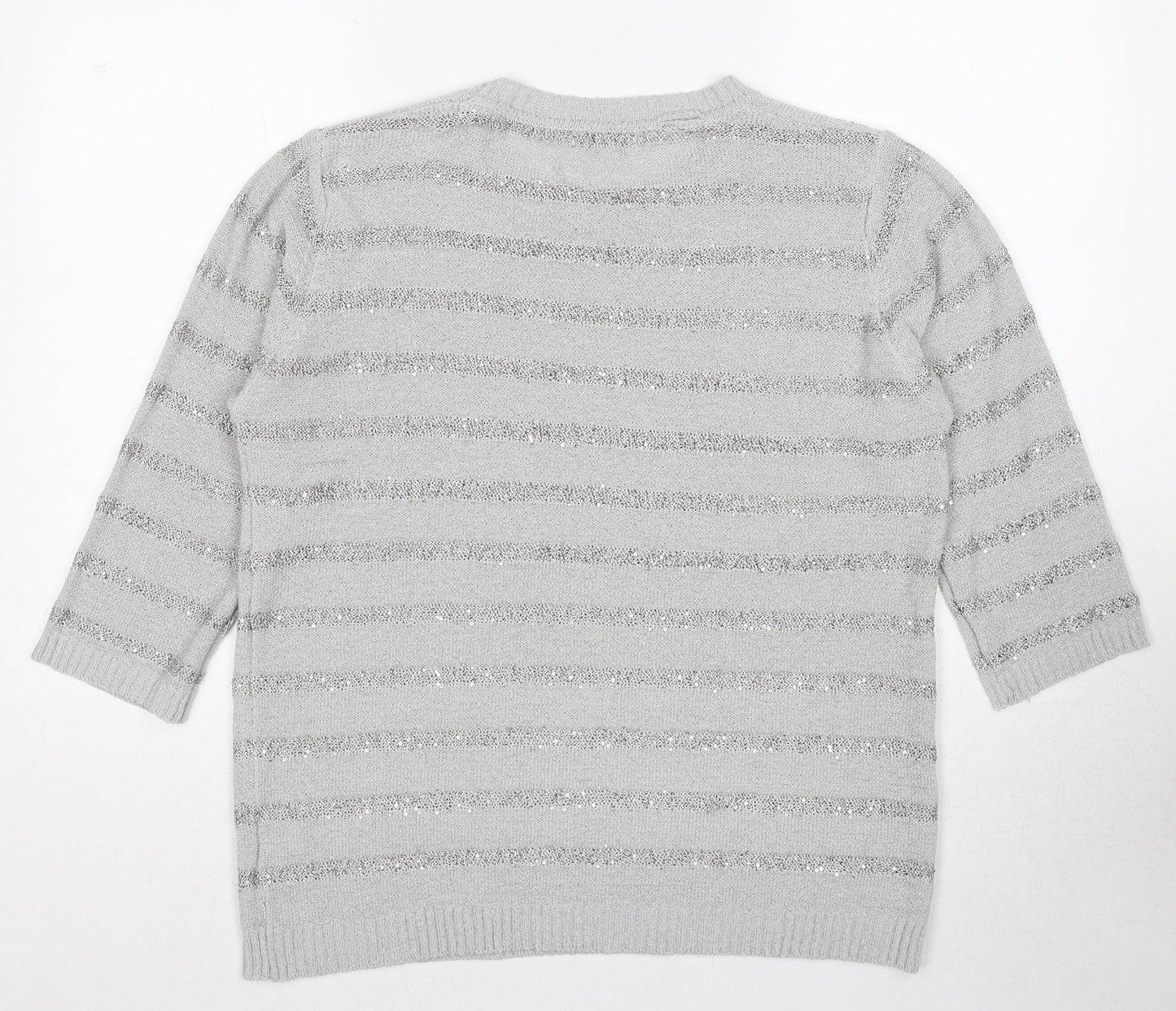Fay Louise Womens Grey Round Neck Striped Acrylic Pullover Jumper Size L