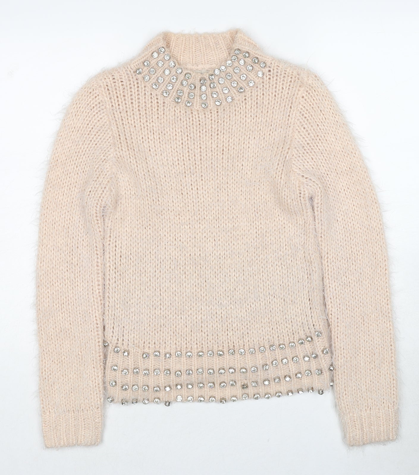 Miss Selfridge Womens Beige Round Neck Acrylic Pullover Jumper Size 6