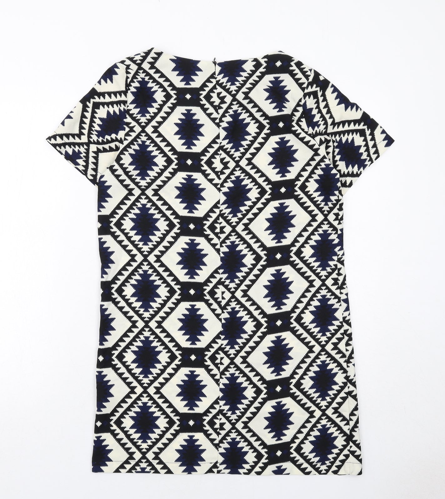 Vera & Lucy Womens White Geometric Polyester Shift Size M Boat Neck Zip