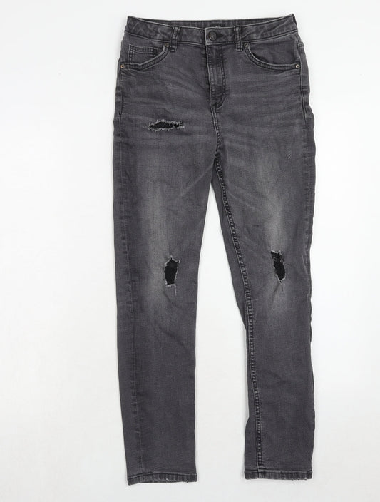 River Island Boys Grey Cotton Skinny Jeans Size 12 Years Regular Zip - Distressed