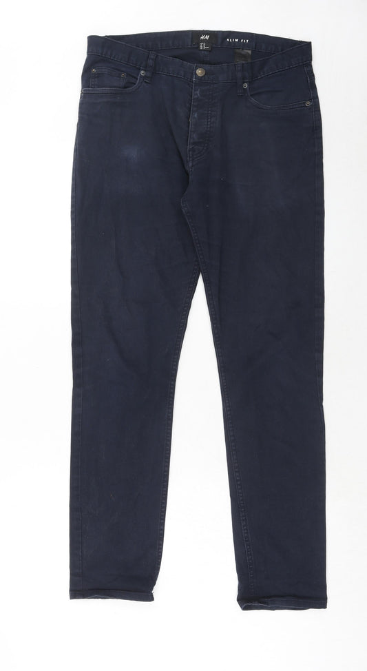 H&M Mens Blue Cotton Straight Jeans Size 31 in Slim Zip